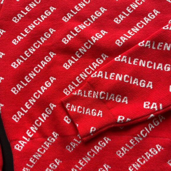 NWT Balenciaga Long Sleeve Knit Top Crewneck Mini Logo Allover Red Wool Blend - Picture 4 of 9
